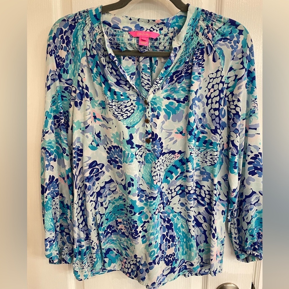 Lilly Pulitzer Savannah Top Blouse Size Small Turquoise Oasis Wave after Wave